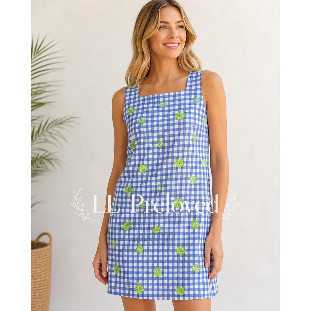 Lilly Pulitzer Blue Gingham Turtle Print Sleeveless Shift Dress Size‎ 5 Preppy